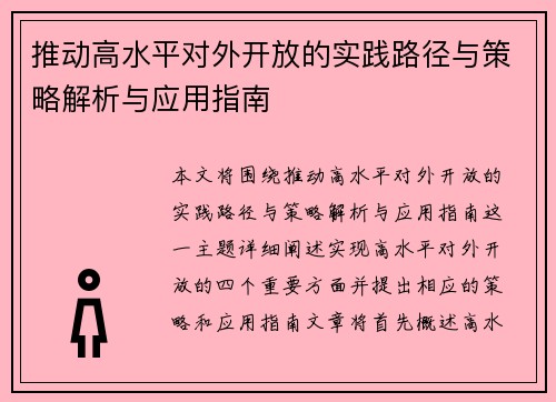 推动高水平对外开放的实践路径与策略解析与应用指南