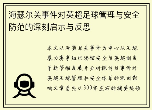 海瑟尔关事件对英超足球管理与安全防范的深刻启示与反思 海瑟尔关事件对英超足球管理与安全防范的深刻启示与反思