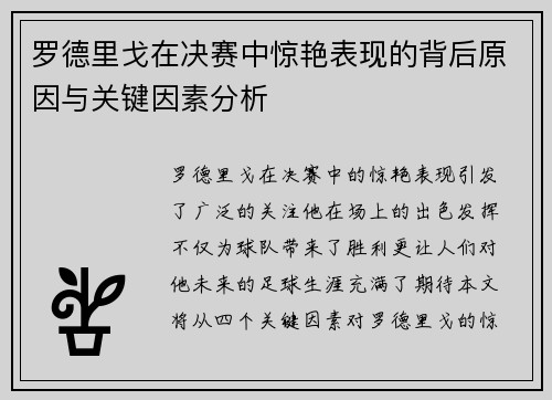 罗德里戈在决赛中惊艳表现的背后原因与关键因素分析 罗德里戈在决赛中惊艳表现的背后原因与关键因素分析